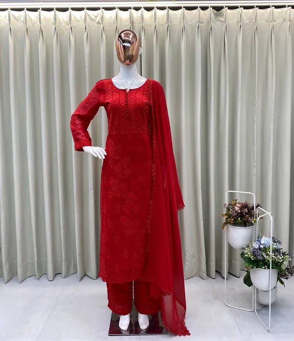 Red Chikankari Kurti Set With Dupatta For Women– AFR Enterprise